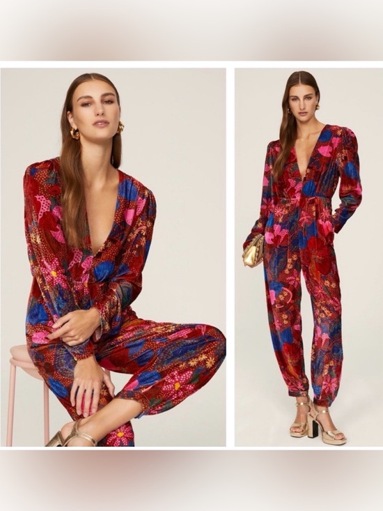 FARM Rio Pants - FARM Rio Anthropologie Velvet Red Floral Print Snake Garden Boho Jumpsuit size M